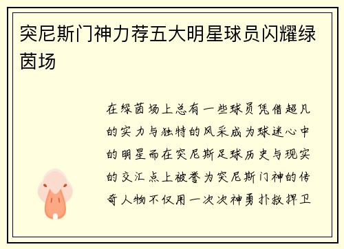 突尼斯门神力荐五大明星球员闪耀绿茵场